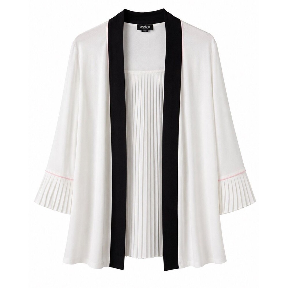 Bebe White Pleated Open Front Kimono Jacket Black Trim Pink Accent L